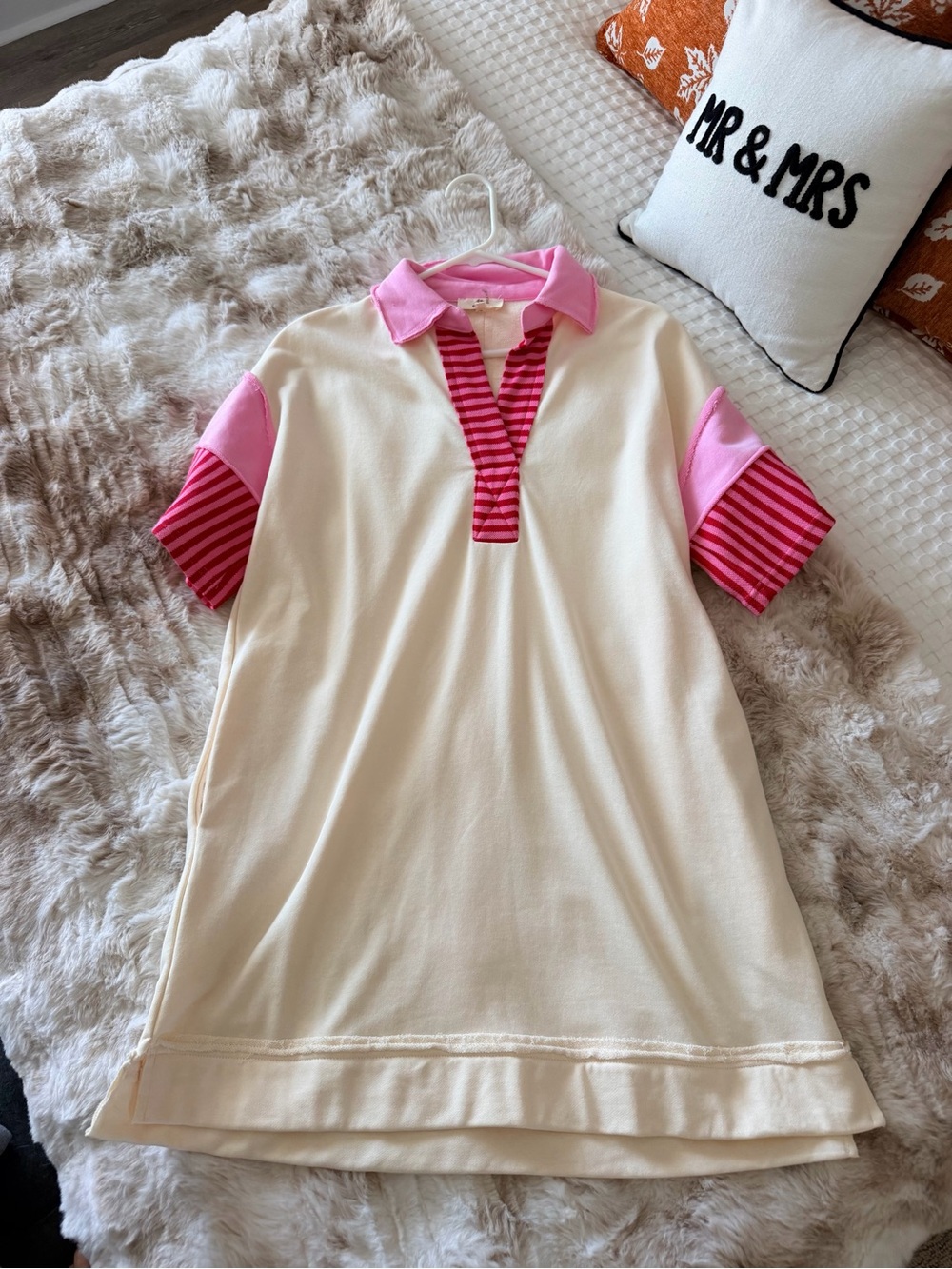 Entro Cream Polo Dress with Pink Accent Collar & Striped Pink Trim